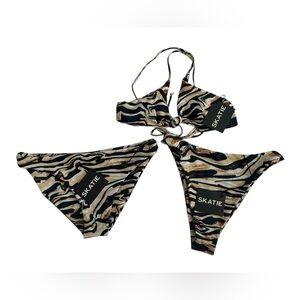 Skatie XS Marble Animal Print 3pc Bikini Set Tie Top + 2 Bottoms NWT